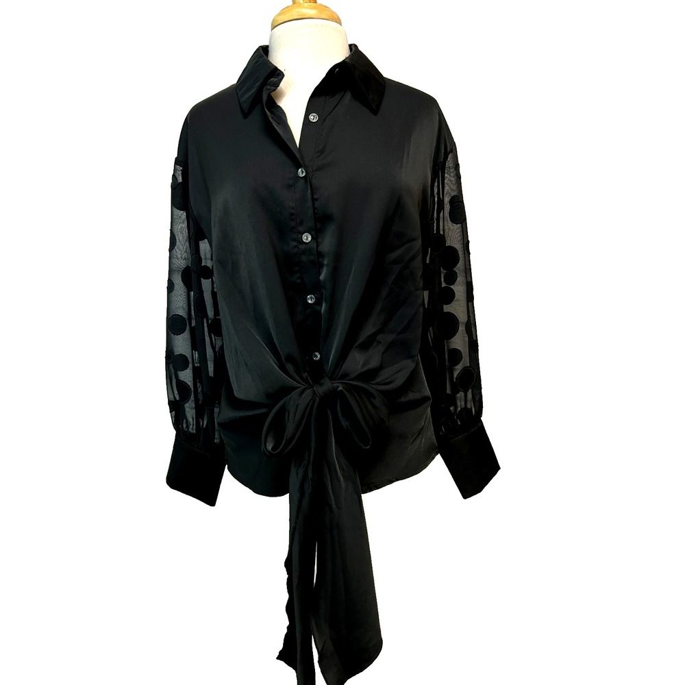 NWT Sunday Up Button‎ Up Shirt Black Sheer Dot Long Sleeves Tie Sash Hem SZ M